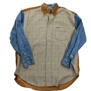Faconnable Shirt Men Large Blue Brown Denim Corduroy Houndstooth Patchwork